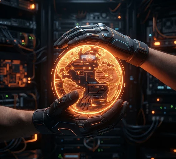 Gloved hands holding a glowing globe in front of a server rack