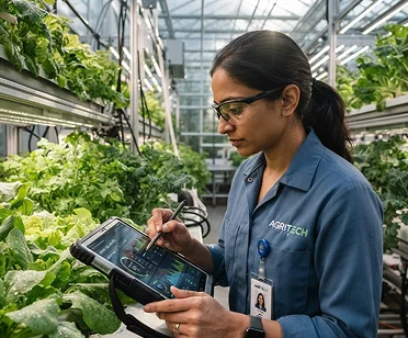 A researcher checking crop data on a tablet in a greenhouse