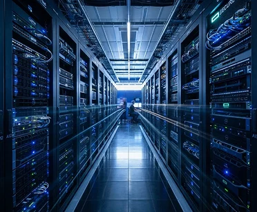 A long aisle of server racks lit in blue