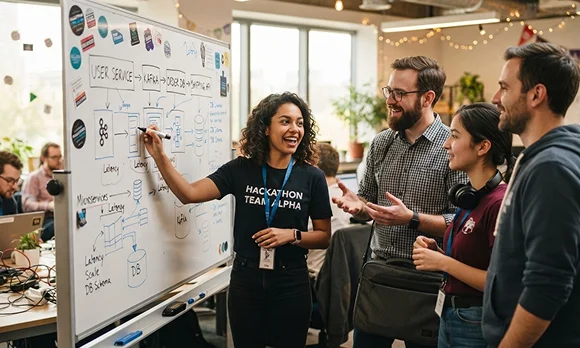 A team mapping services on a whiteboard during a hackathon