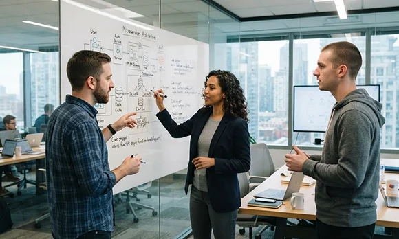Three Infoane engineers sketching a system architecture on a glass whiteboard