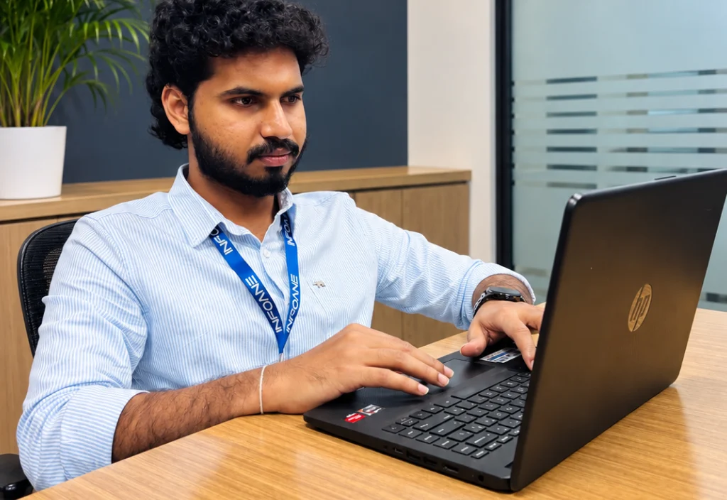 An Infoane engineer working at a laptop in the office