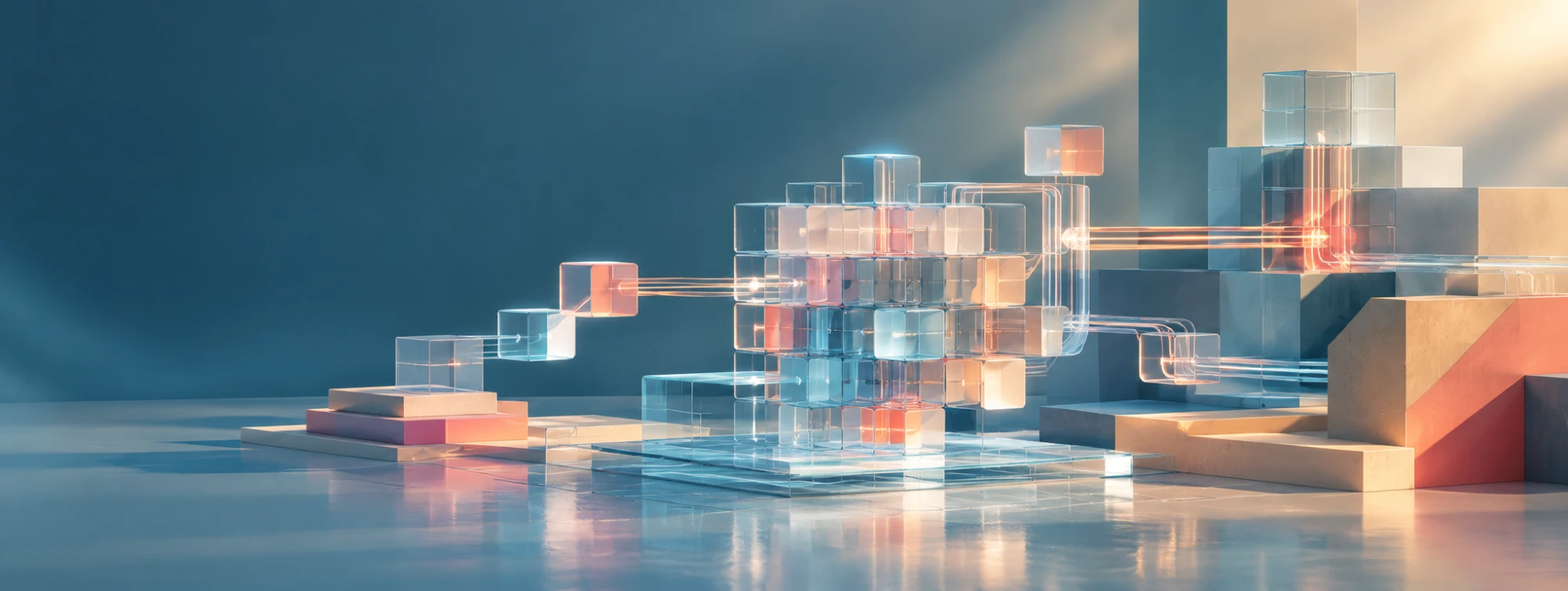 Translucent glass blocks linked by glowing pipes on a reflective surface