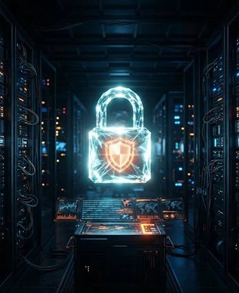 A glowing padlock with a shield, floating in a server corridor