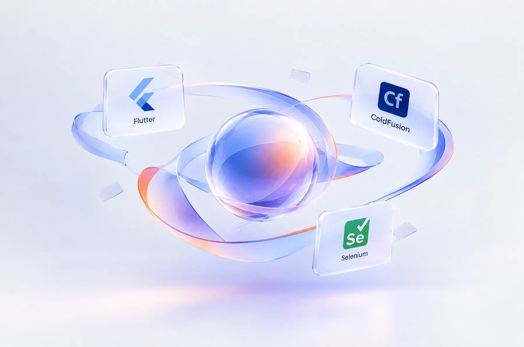 A glass orb ringed by floating Flutter, ColdFusion and Selenium tiles