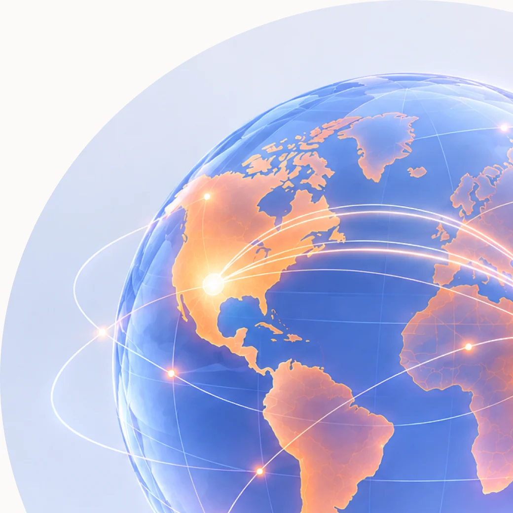A glowing globe with light trails connecting the Americas to India