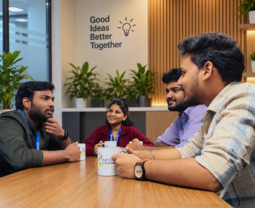 Infoane engineers talking around a meeting table